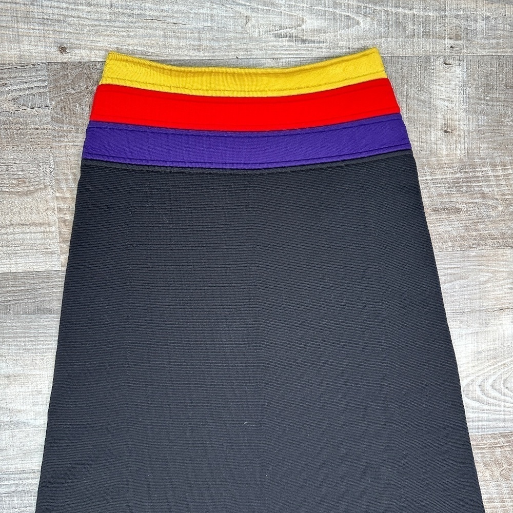 SONIA RYKIEL Black Knit A-Line Midi Skirt Women's Size XS Yellow/Red Waistband - Picture 2 of 8